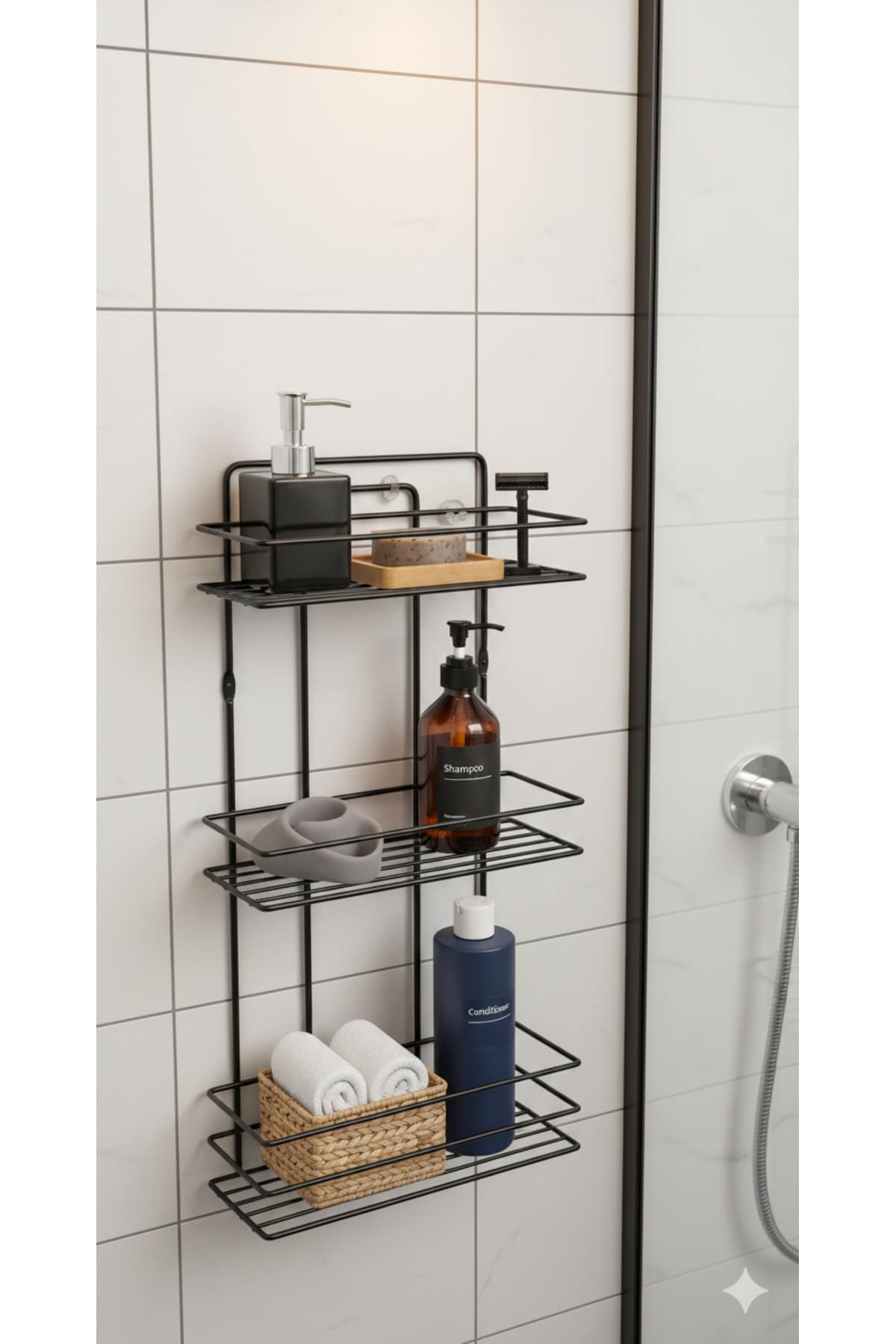 Yapışkanlı Siyah 3 Katlı Raflı Organizer Dikdörtgen Banyo ve Mutfak Mutfak Rafı, Şampuanlık - Görsel 3