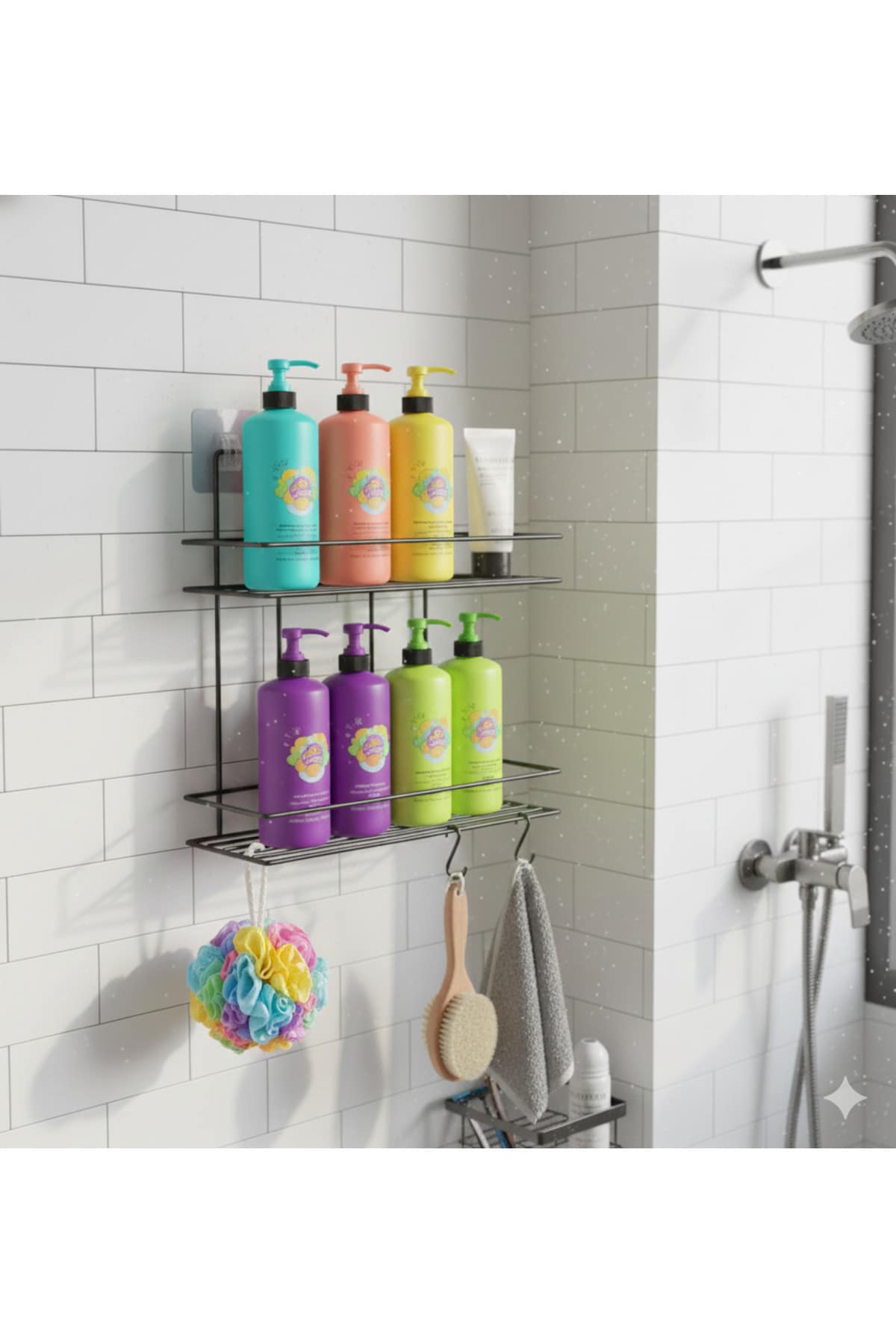 Yapışkanlı Siyah 2 Katlı Raflı Organizer Dikdörtgen Banyo ve Mutfak Mutfak Rafı, Şampuanlık