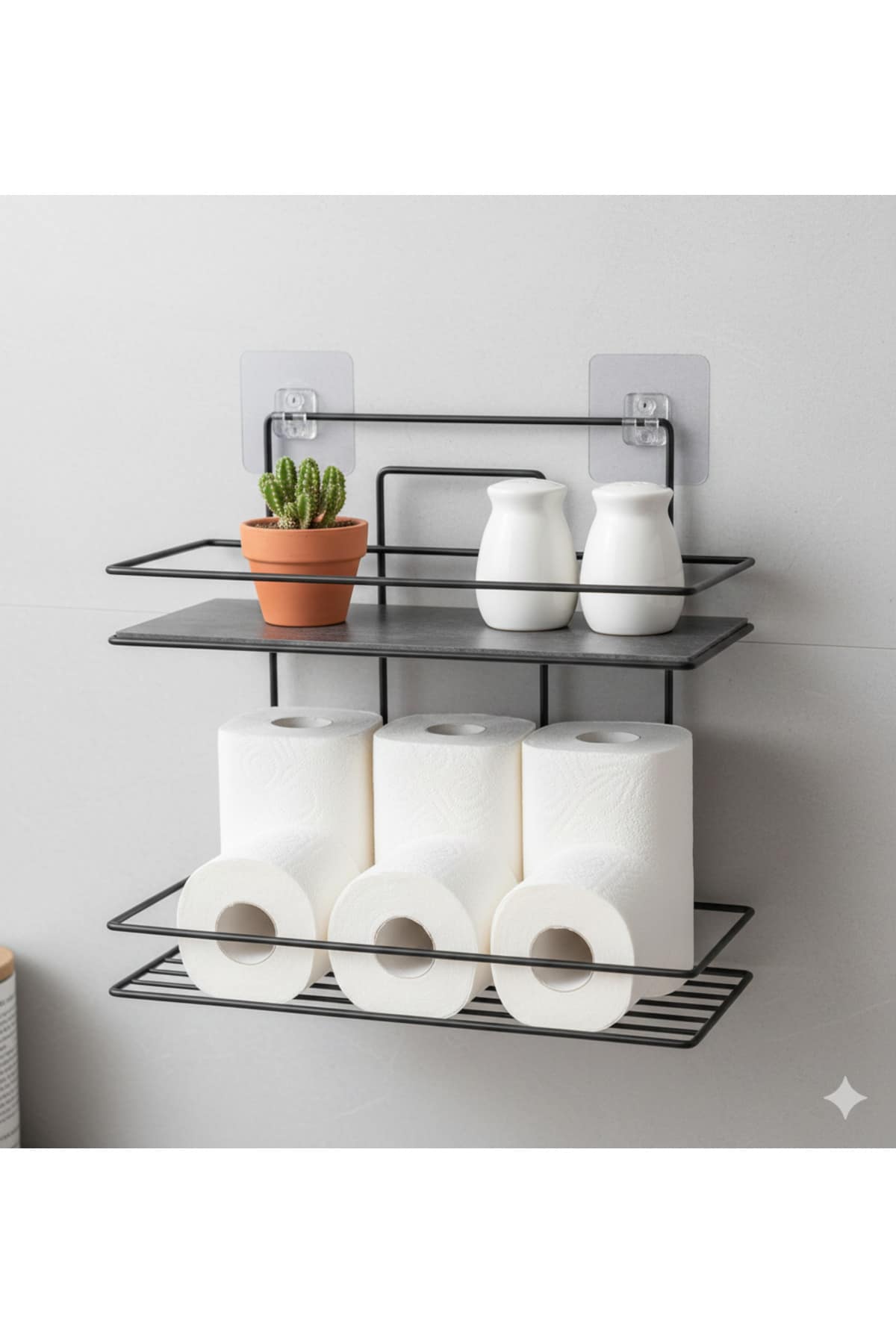 Yapışkanlı Siyah 2 Katlı Raflı Organizer Dikdörtgen Banyo ve Mutfak Mutfak Rafı, Şampuanlık - Görsel 2