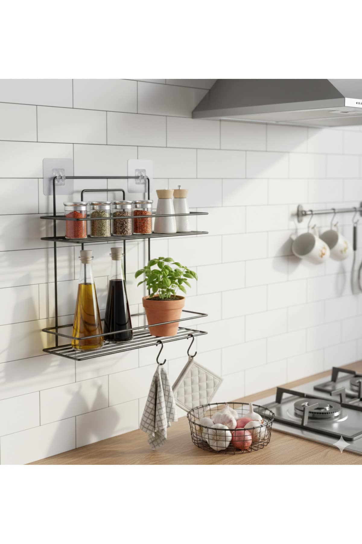 Yapışkanlı Siyah 2 Katlı Raflı Organizer Dikdörtgen Banyo ve Mutfak Mutfak Rafı, Şampuanlık - Görsel 3