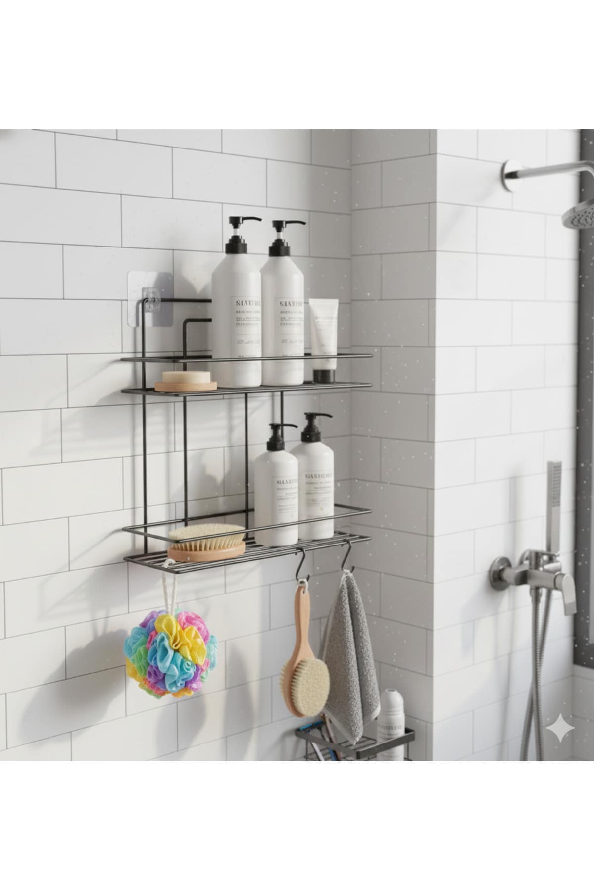 Yapışkanlı Siyah 2 Katlı Raflı Organizer Dikdörtgen Banyo ve Mutfak Mutfak Rafı, Şampuanlık - Görsel 5