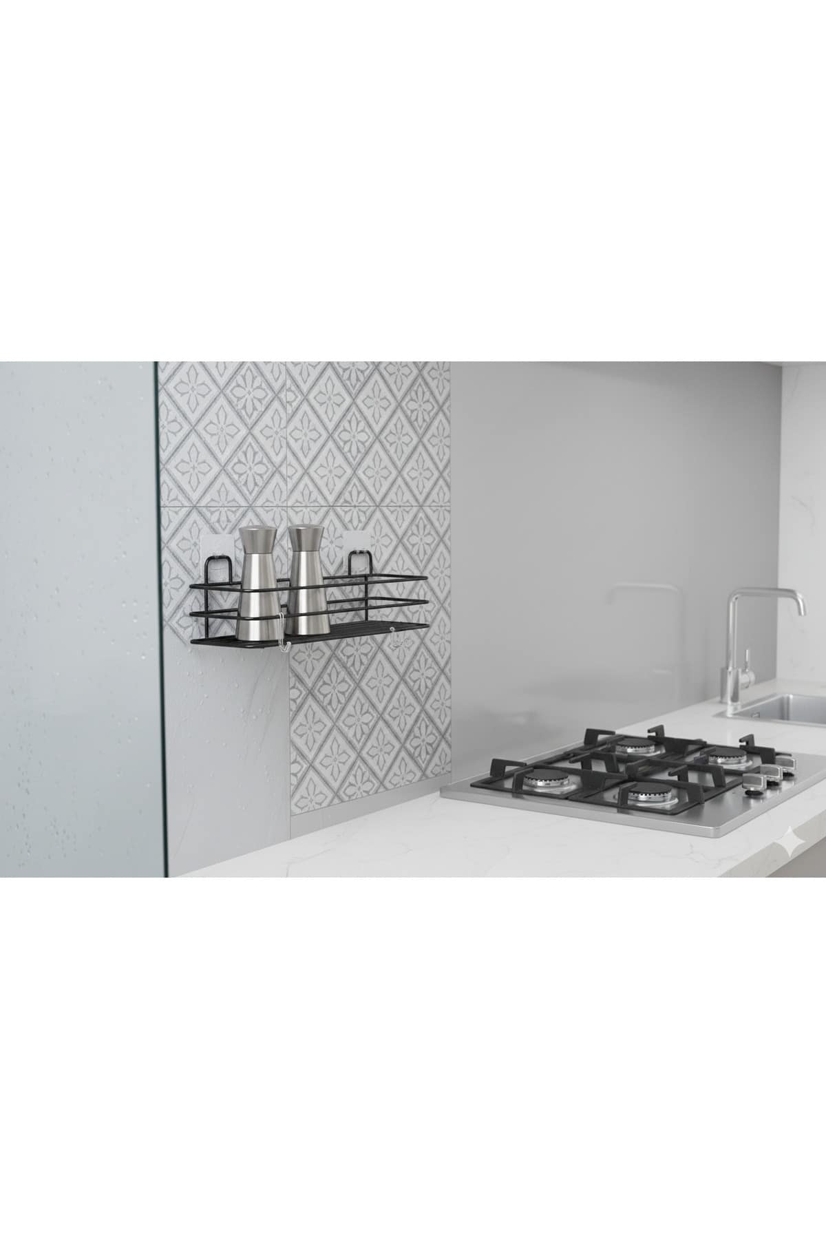 Yapışkanlı Siyah Raflı Organizer Dikdörtgen Banyo ve Mutfak Mutfak Rafı, Şampuanlık