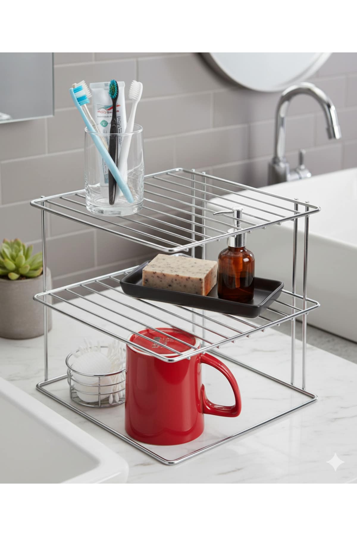 Banyo ve Mutfak Rafı 3 Katlı Parlak çelik metal - Görsel 3