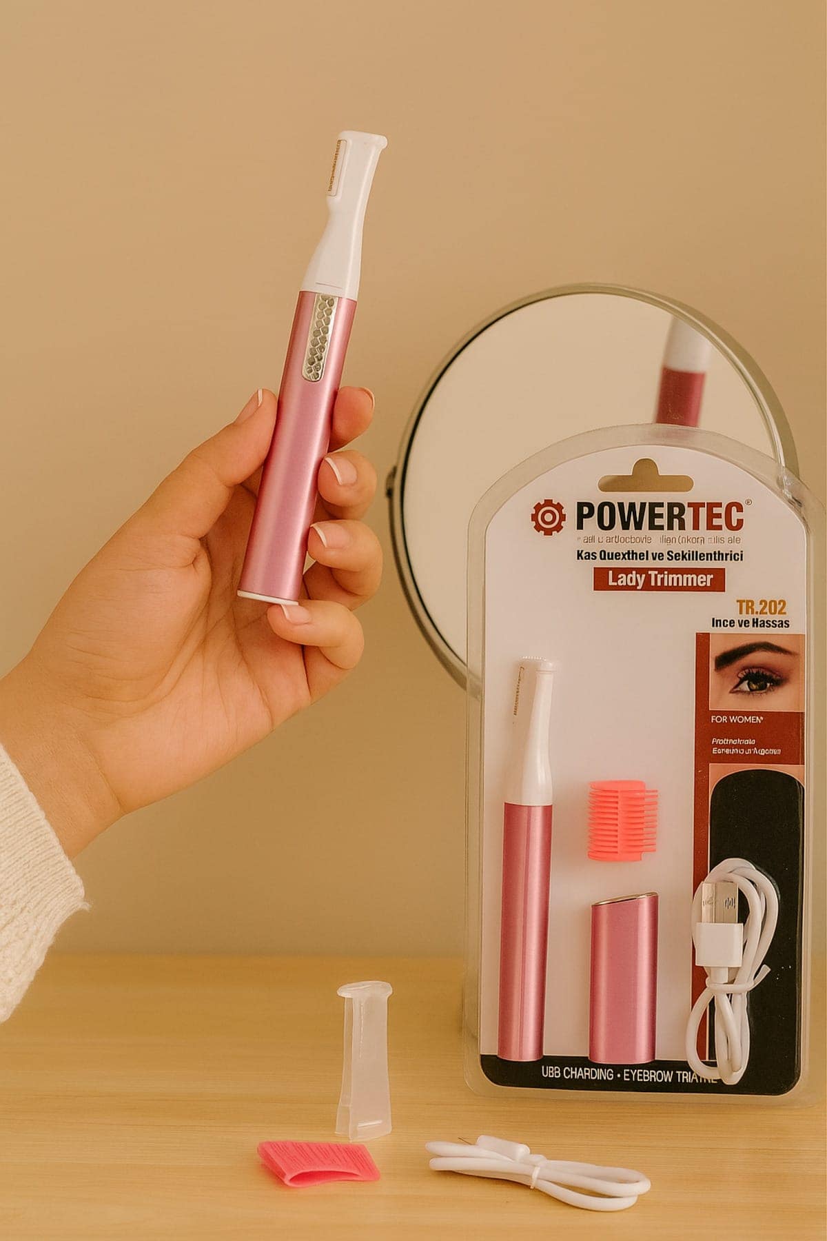Pembe USB Şarjlı Kaş Düzeltici, Kalem Modeli Tüy Alma ve Şekillendirme - Görsel 2