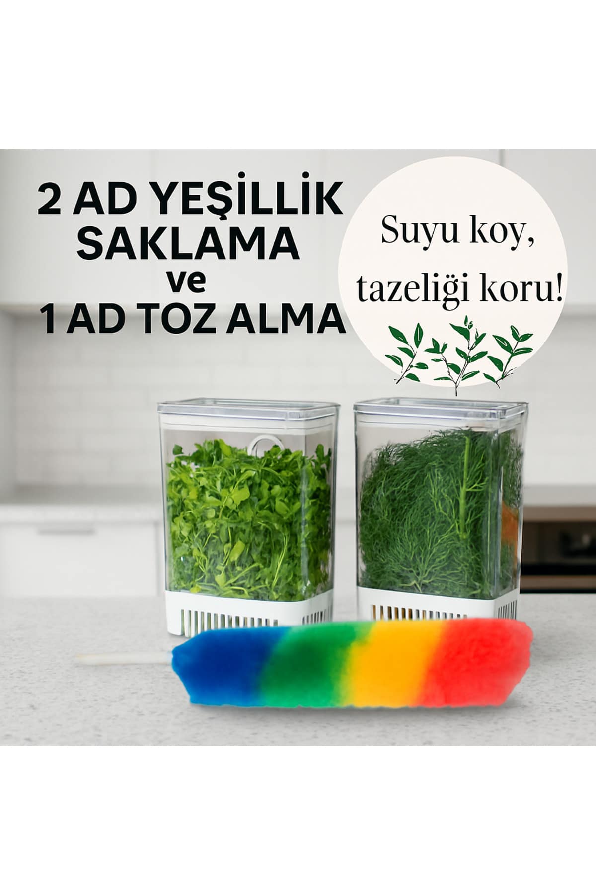 Yeşillik Saklama Kabı 2 Ad 2900ML + 1 Ad Toz Alma Saklama Kab Maydonoz,dereotu,tere Roka Yeşillik