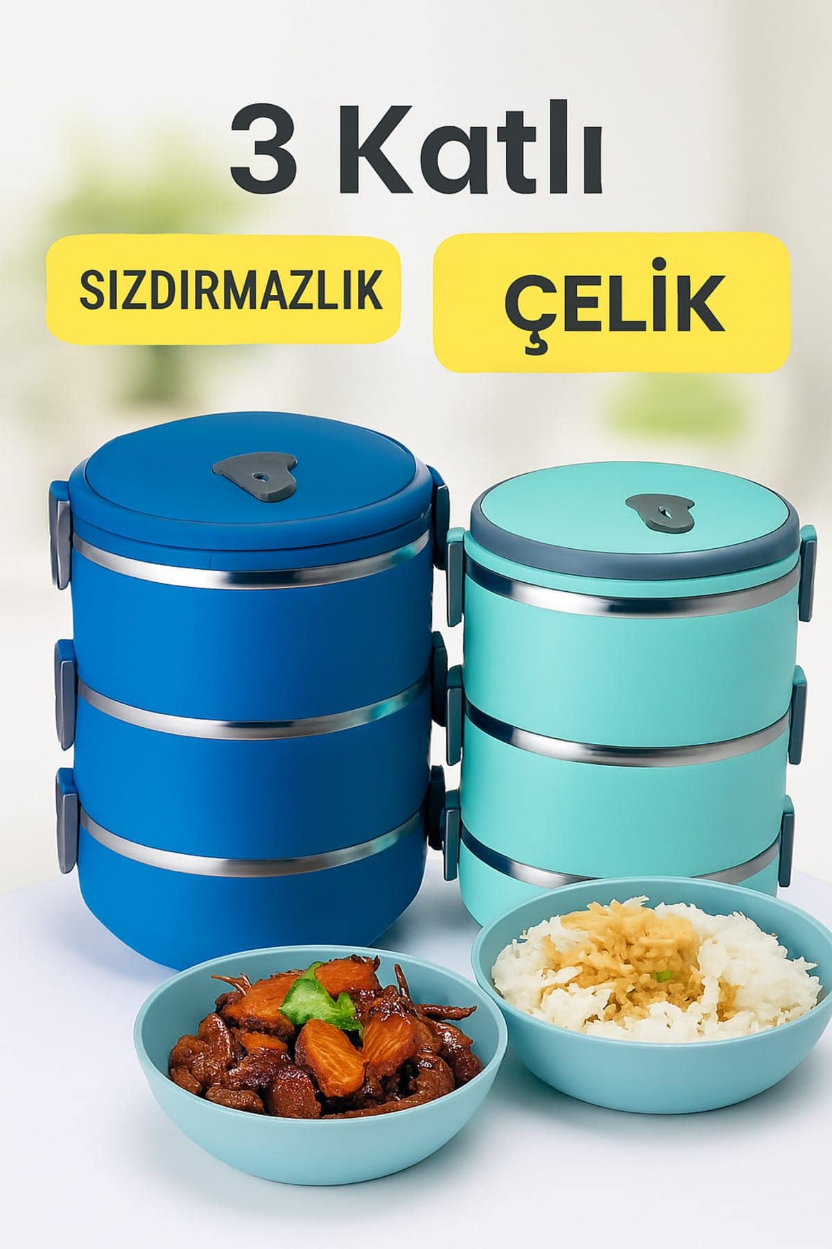 Yemek Sefer Tası 3 Katlı Sızdırmaz Yemek Termosu - Görsel 2