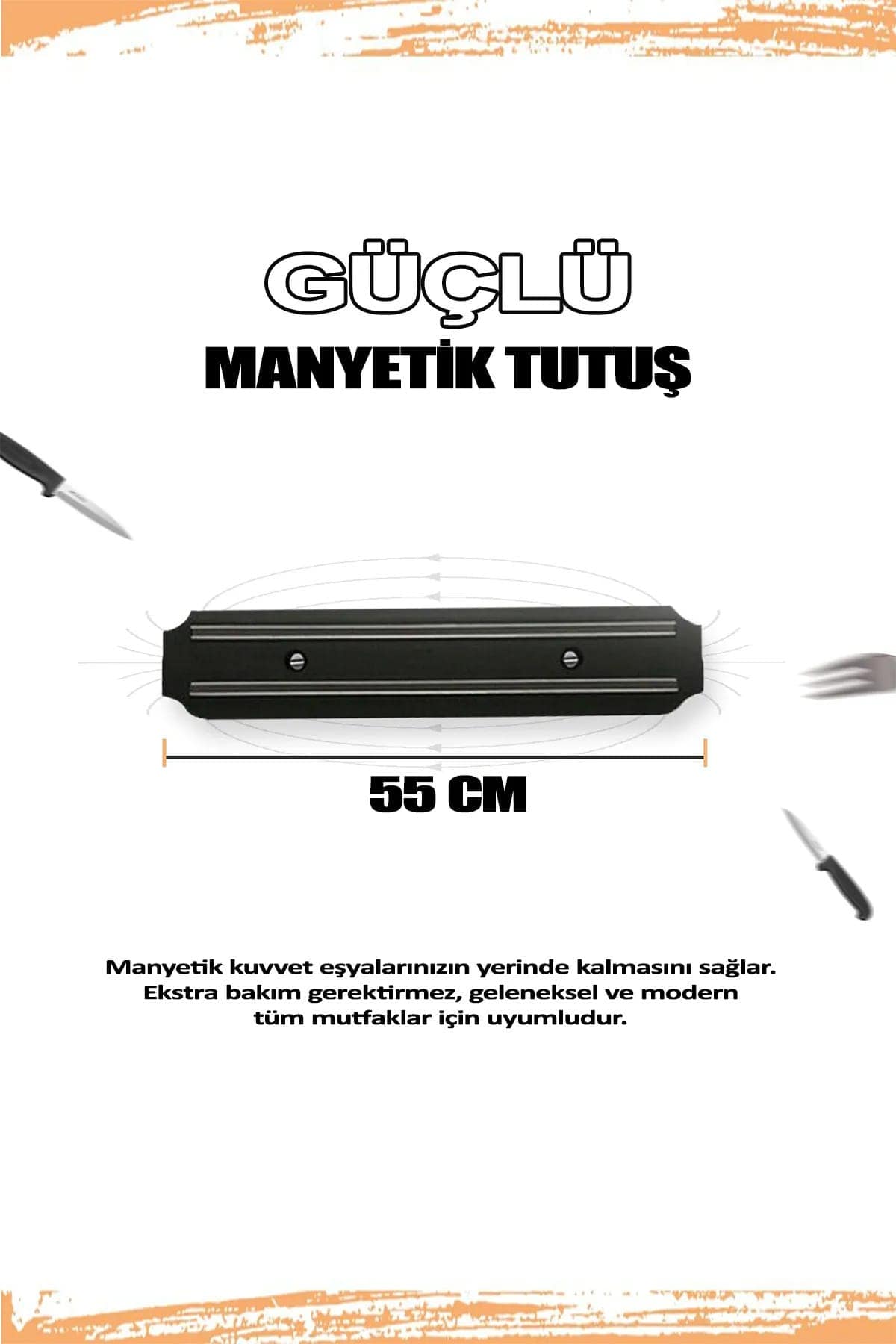 Mıknatıslı Duvara Monte Şef Et Meyve bıçak Asma Aleti Bıçak Stand Tutucu Bıçak Askı 50cm - Görsel 2