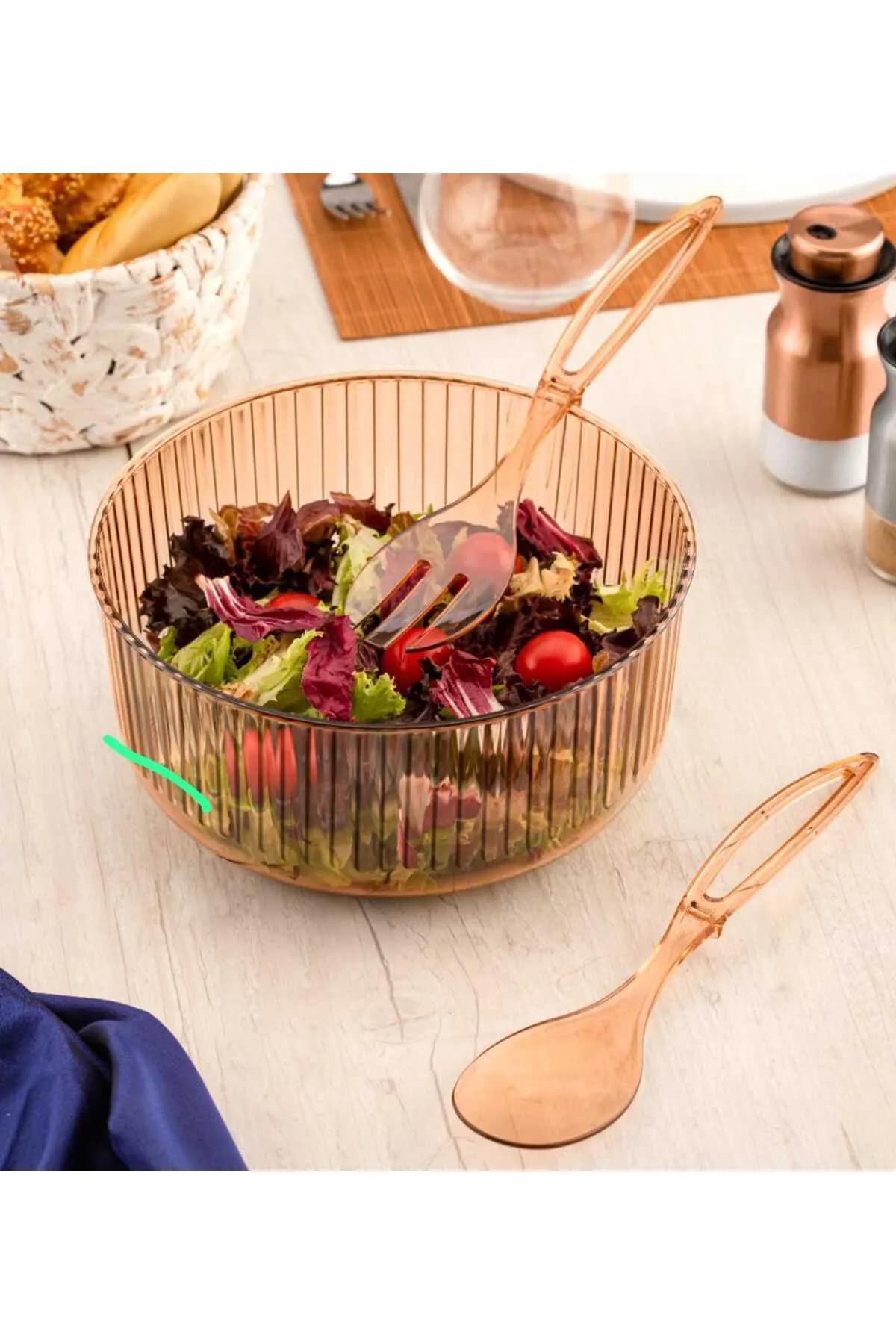 VİATOM Akrilik Avantajlı Büyük Boy Salata Kase Seti - Servis Çatalı & Kaşığı KAHVERENGİ