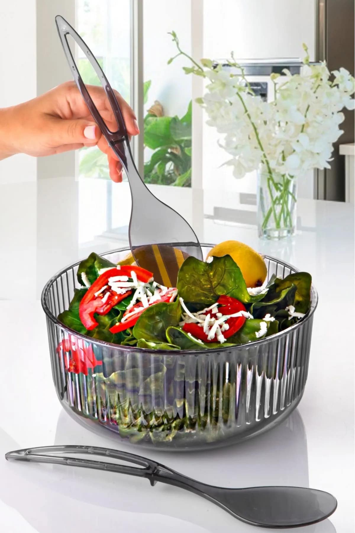 VİATOM Akrilik Avantajlı Büyük Boy Salata Kase Seti - Servis Çatalı & Kaşığı KAHVERENGİ