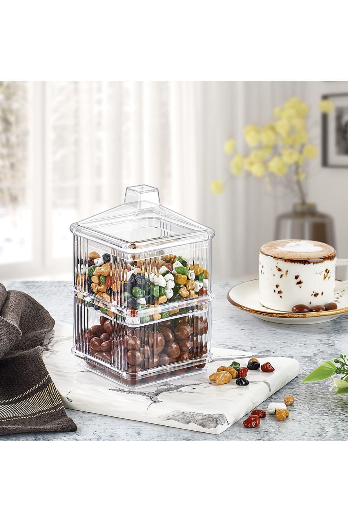 2Katlı Kare Drajelik Sunum Seti 2Katlı Kare Şekerlik Kahvaltılık Saklama Kabı Lokumluk
