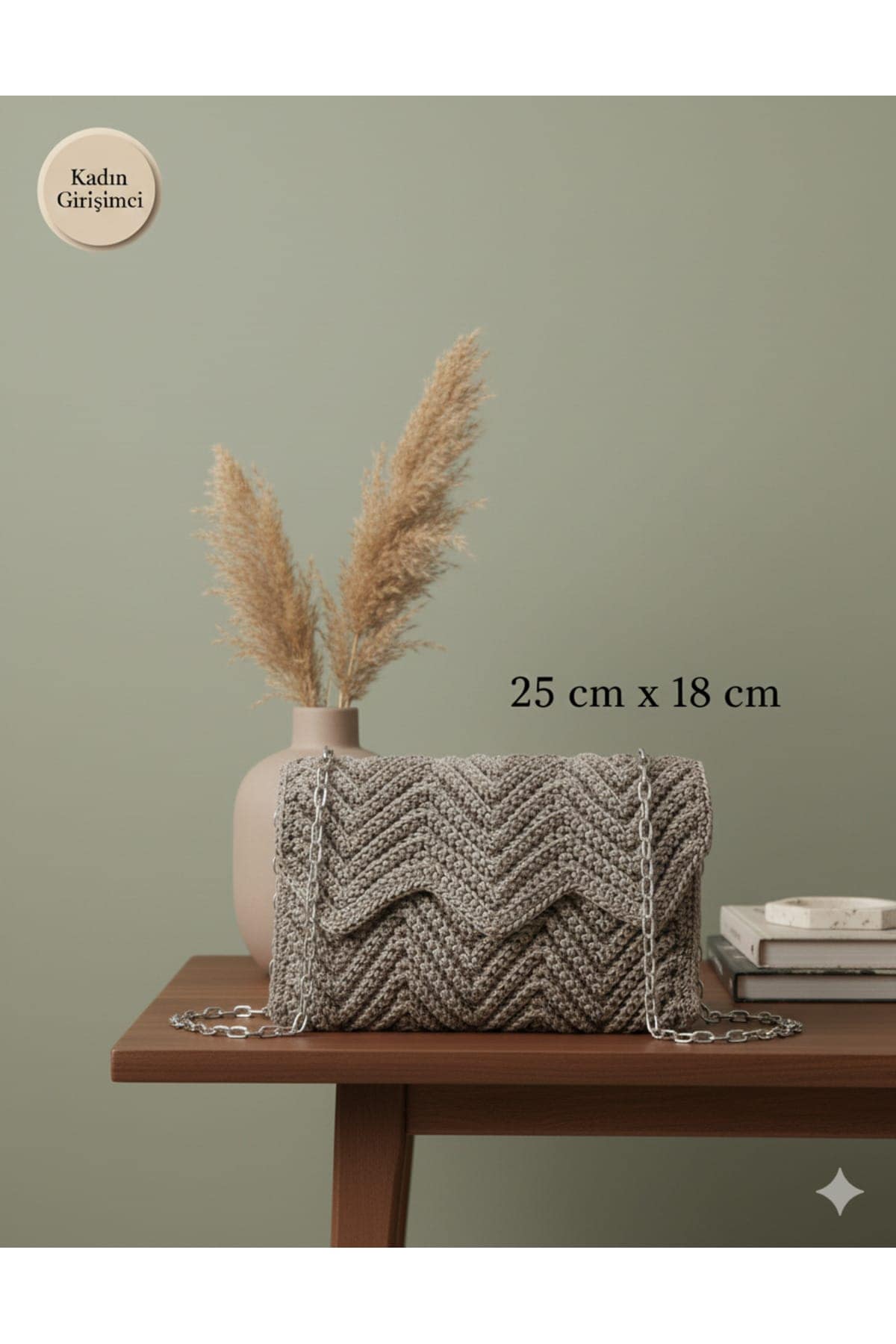Omuz Çantası, Zincir Askılı Kol Çantası Polyester İplikli El Yapımı 18cm/23cm - Görsel 2