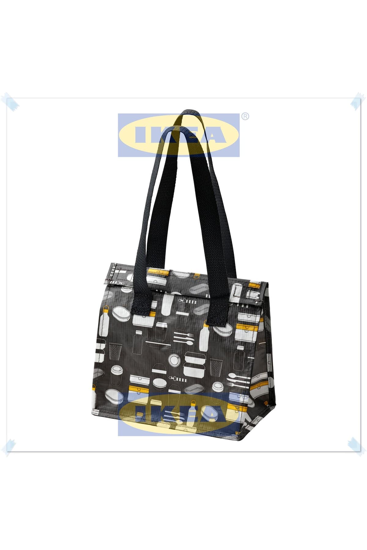 Fladdrig Gri Desenli Yemek Taşıma Çantası, Beslenme Çantası, Yemek Çantası, 25x16x27 cm