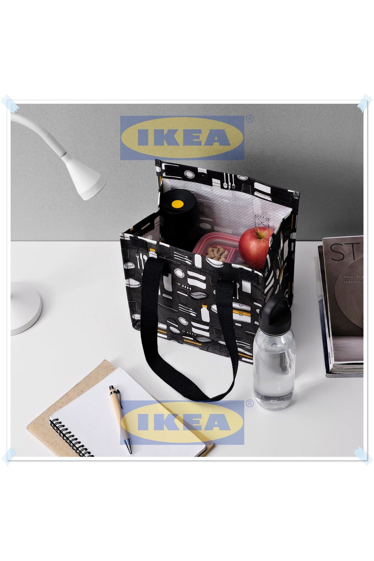 Fladdrig Gri Desenli Yemek Taşıma Çantası, Beslenme Çantası, Yemek Çantası, 25x16x27 cm - Görsel 3