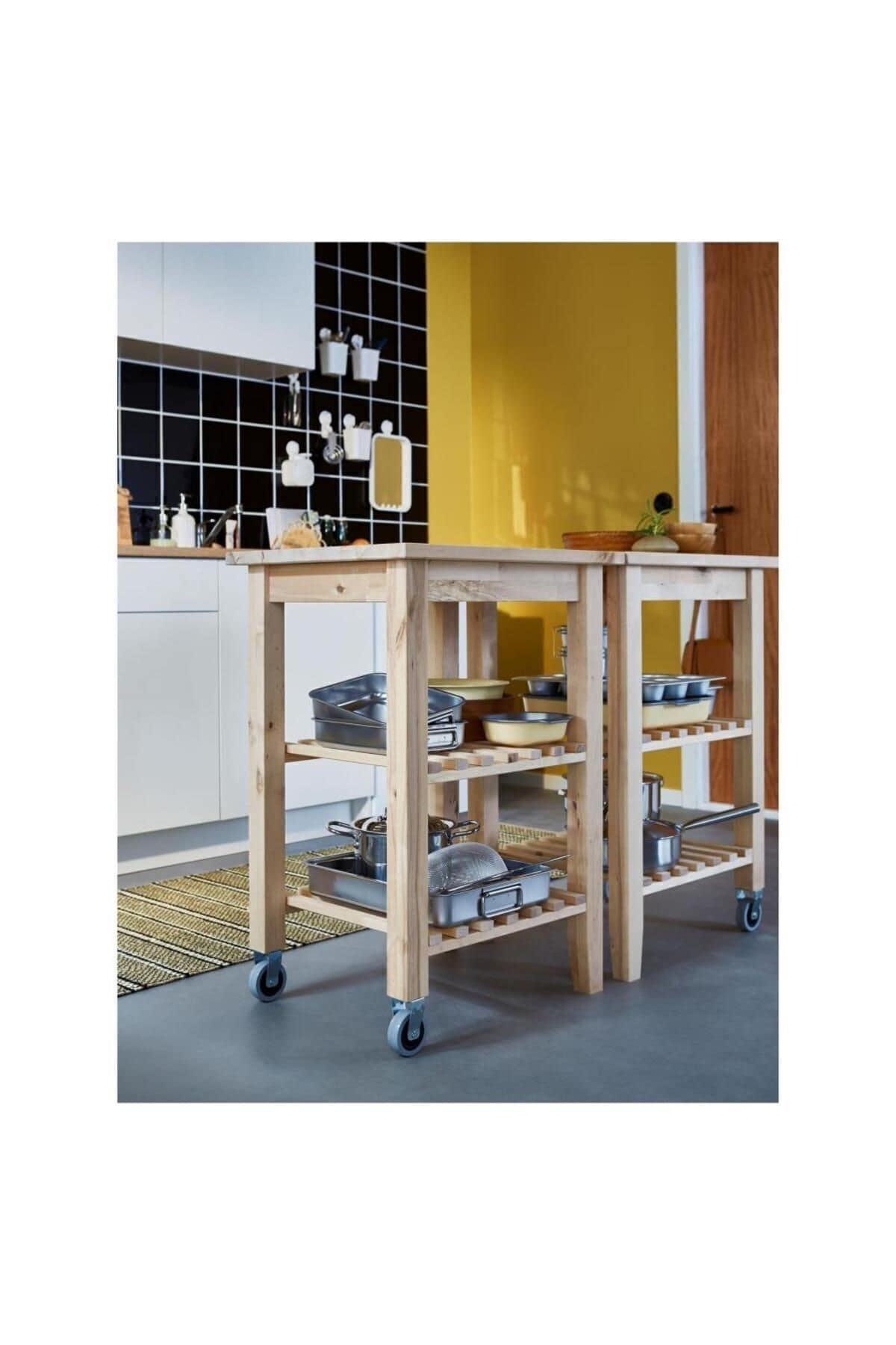 Bekvam Tekerlekli Servis Arabası - Sehpası - Huş / Ahşap - 58 x 50 x 85 cm - Görsel 3