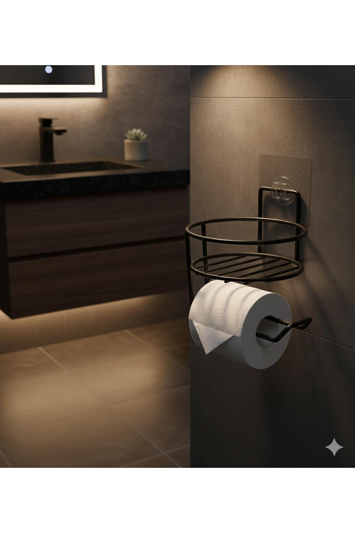 Yapışkanlı Siyah Yuvarlak Raflı Tuvalet Kağıtlığı Wc Kağıtlık Tutucu - Görsel 2