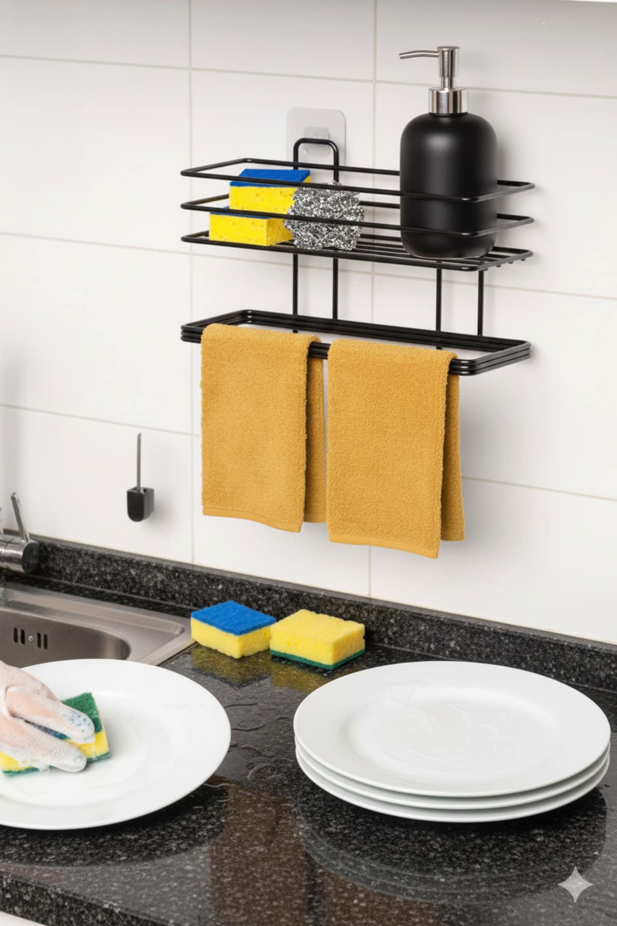 Yapışkanlı Siyah Raflı Dikdörtgen Havlu Tutucu