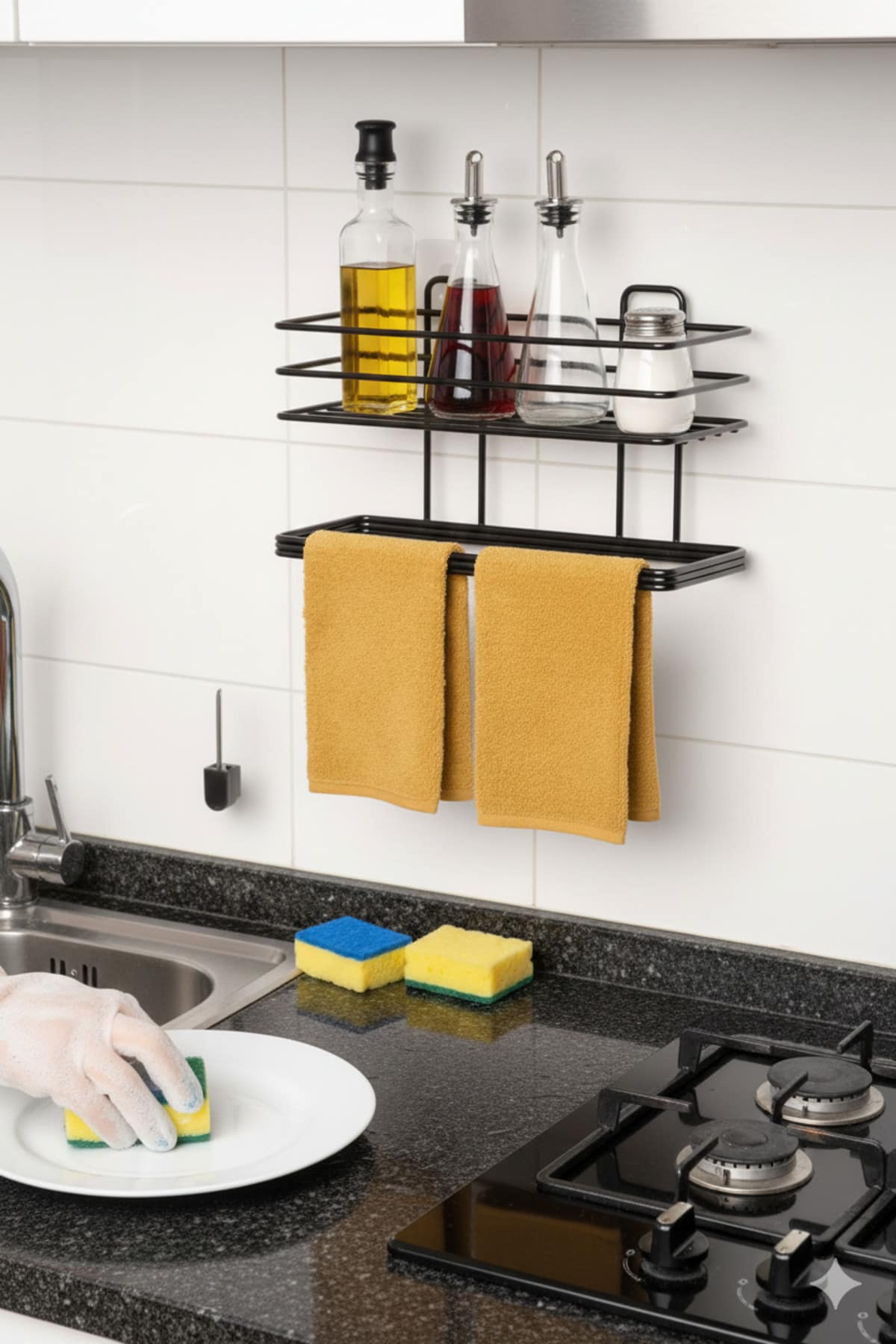 Yapışkanlı Siyah Raflı Dikdörtgen Havlu Tutucu - Görsel 2