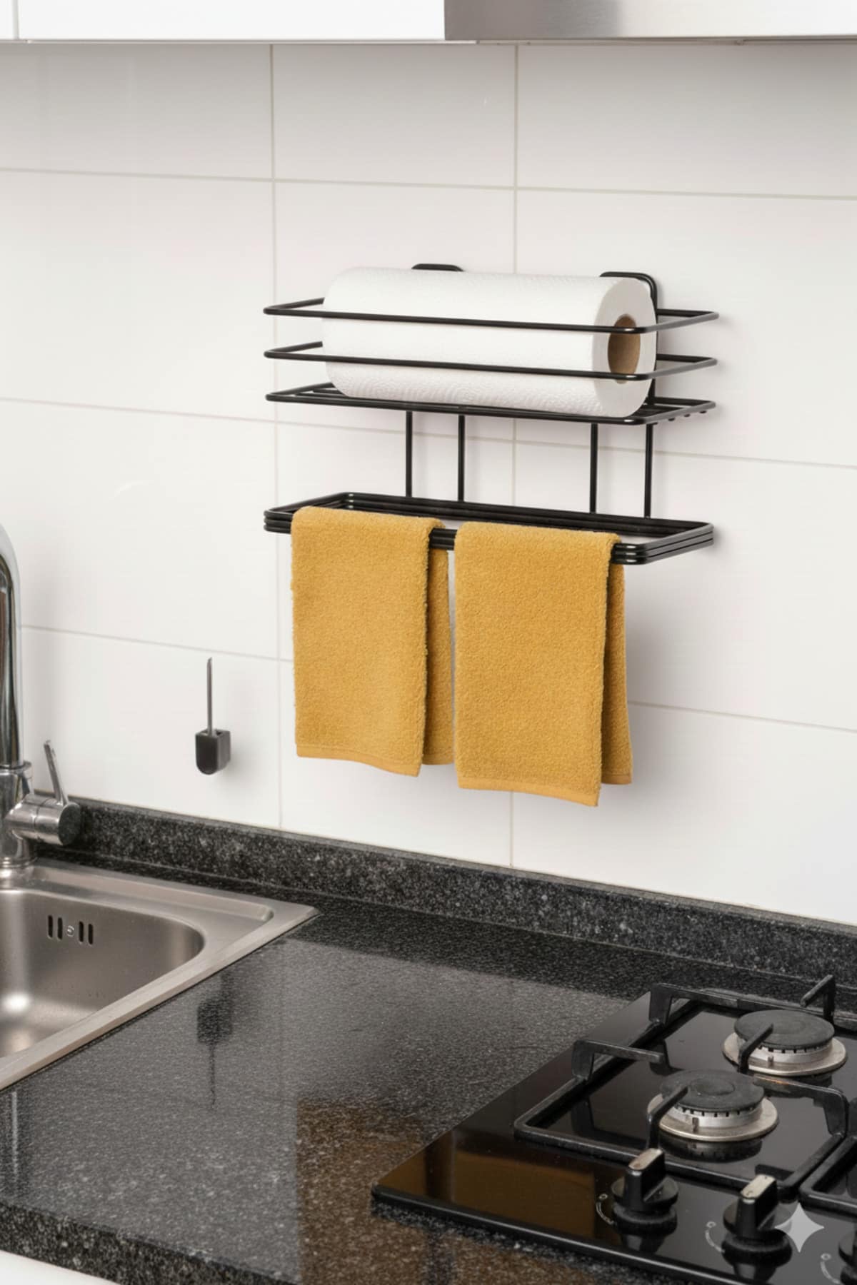 Yapışkanlı Siyah Raflı Dikdörtgen Havlu Tutucu - Görsel 3