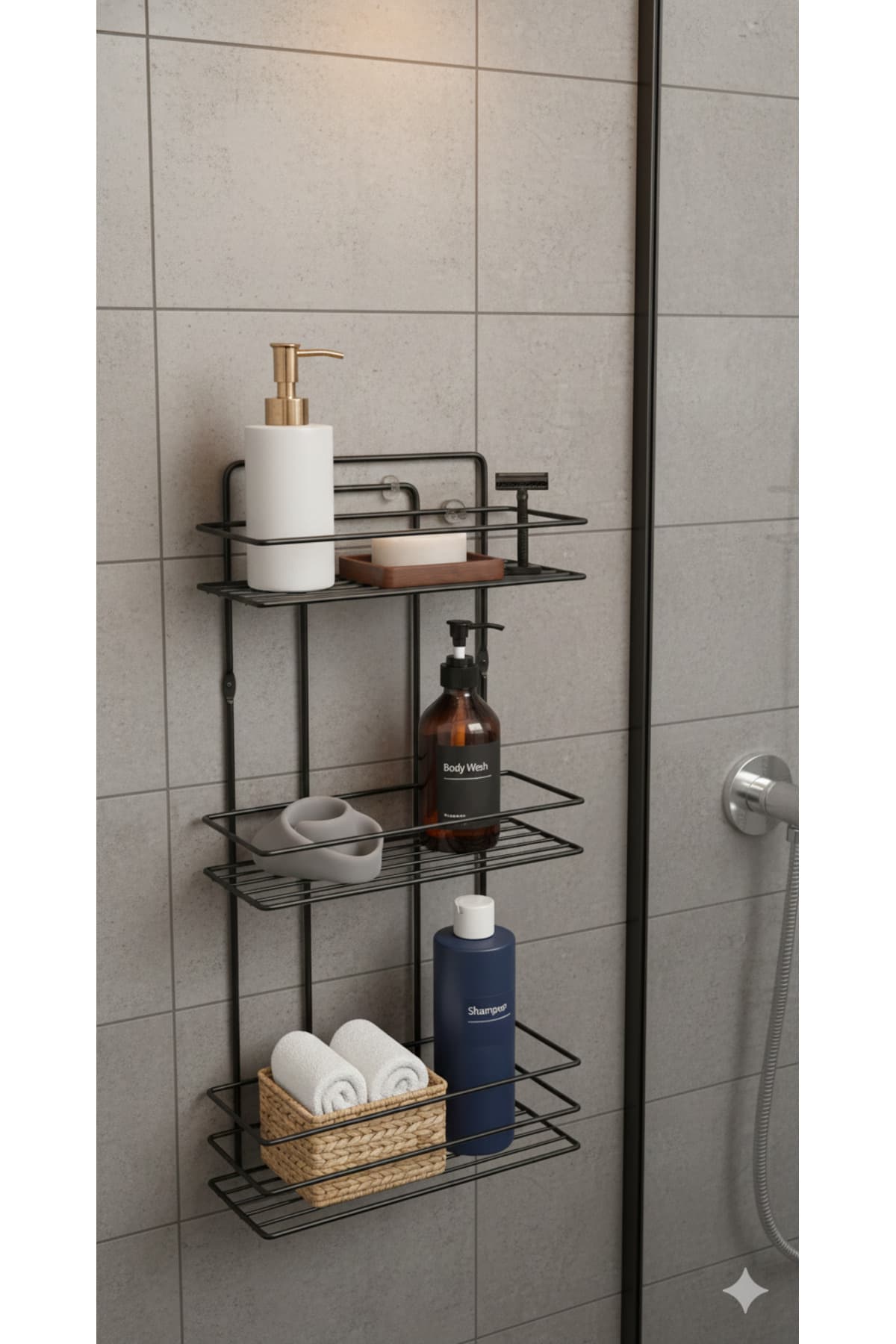 Yapışkanlı Siyah 3 Katlı Raflı Organizer Dikdörtgen Banyo ve Mutfak Mutfak Rafı, Şampuanlık